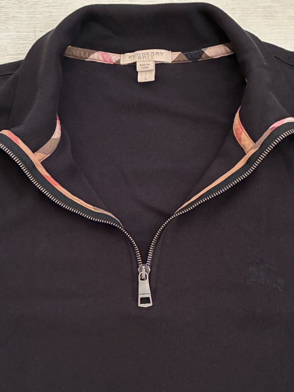 Burberry Brit Men's Black 1/4 Zip Pullover Sweater Cotton Nova Check Trim Size L